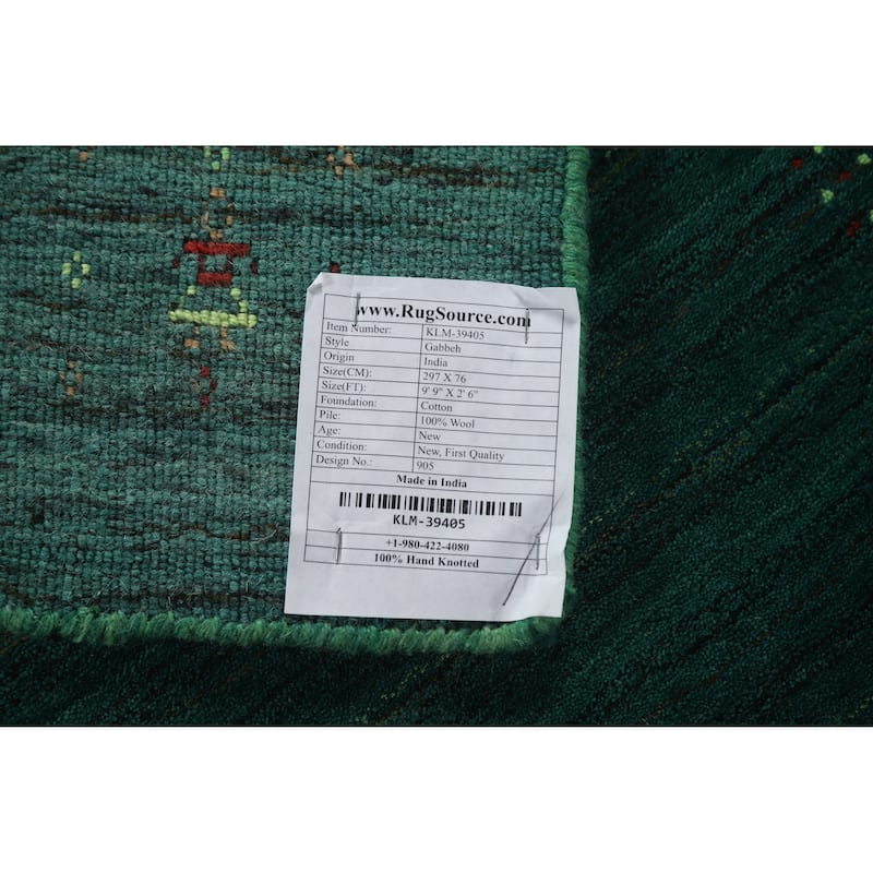 Tribal Green Gabbeh Indian Runner Rug Handmade Wool Carpet - 2'6" x 9'9"