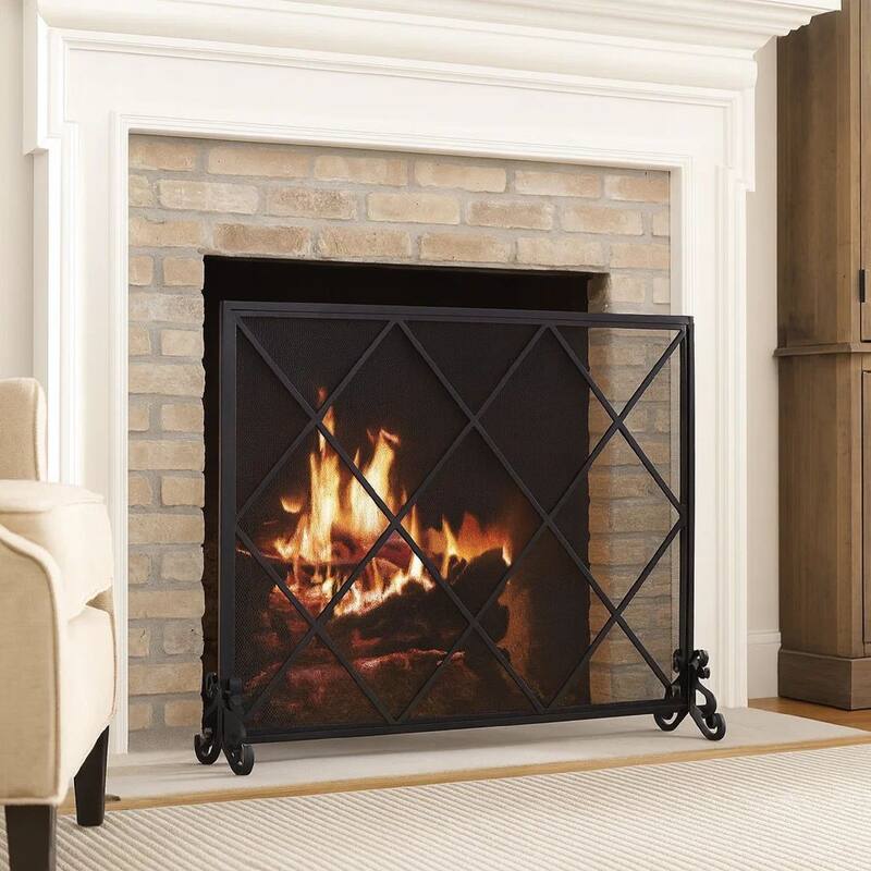 Fireplace Screen, Classic Diamond Shape with Mesh, 41x32 Black Finish
