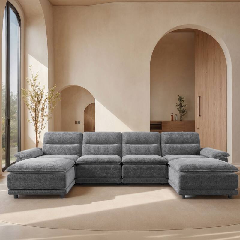 141'' Wide U-shaped 6-seat Sleeper Sofa, Dark Grey, Solid Wood