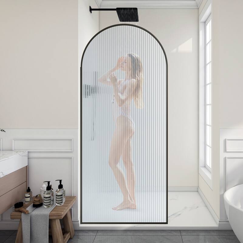 Ember Series 34 in. W x 78 in. H Fixed Framed Shower Door in Black, Gold or Nickel Finish with Clear or Fluted Glass