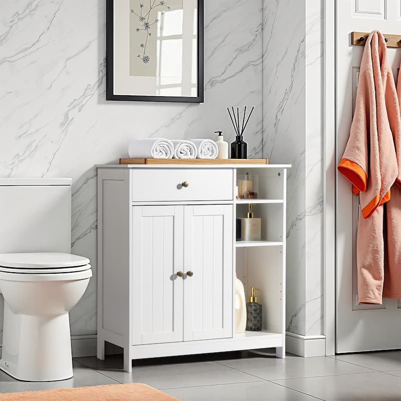 Freestanding White MDF Bathroom Storage Cabinet with Drawer and 2 Adjustable Shelves for Small Essential