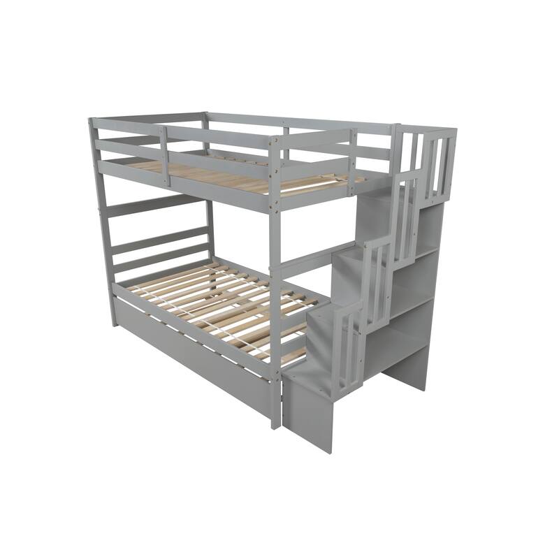 Gray Twin over Twin Bunk Beds with Twin Trundle and Stairway Storage Function