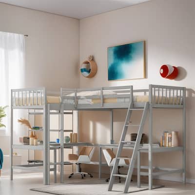 Twin Size Wood L-Shaped Loft Bed with Ladder and 2 Built-in Desks