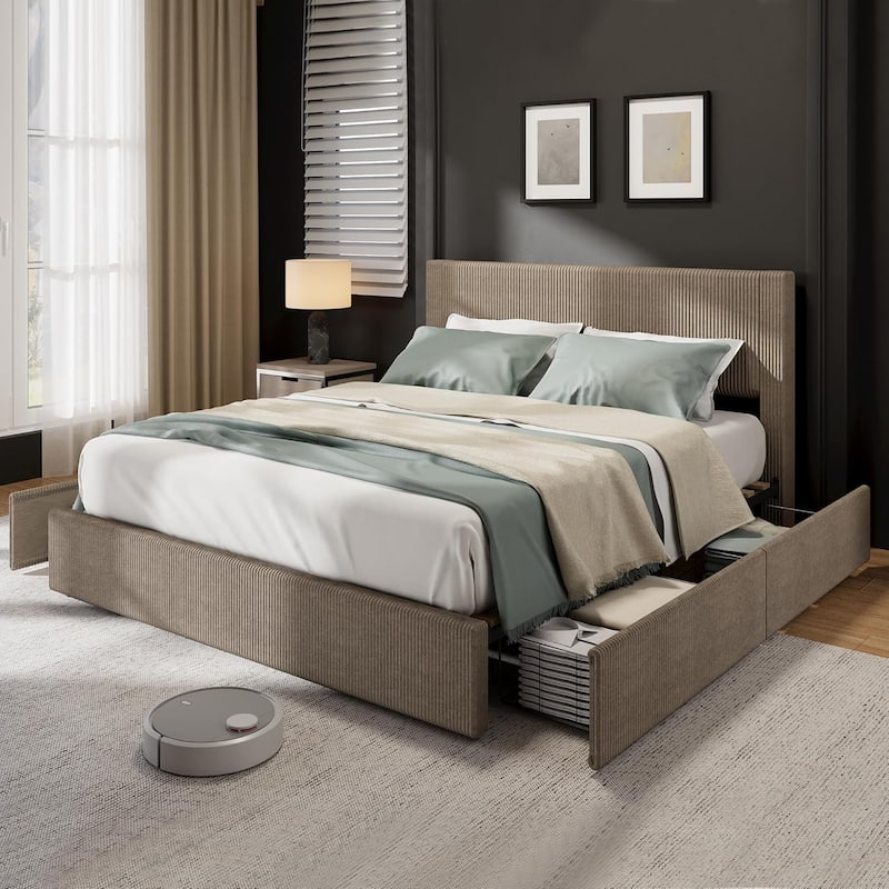 Upholstered Platform Bed with 4 Storage Drawers, Channel Tufted Wingback Headboard & Solid Wood Slat Support - Full - Brown