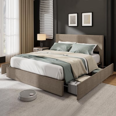 Upholstered Platform Bed with 4 Storage Drawers, Channel Tufted Wingback Headboard & Solid Wood Slat Support