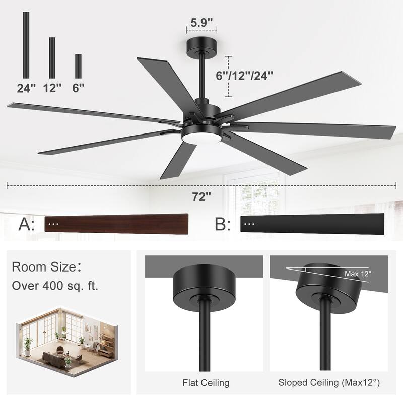 Large 72" Reversible 7-Blade Integrated Ceiling Fan with LED Light and Remote