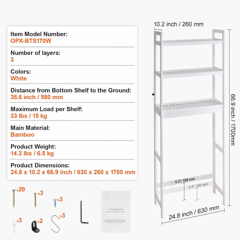Sofucor Over The Toilet Storage,3-Tier Adjustable Bathroom Organizer,Bamboo Storage Shelf Rack with 3 Hooks,Bathroom Saver - N/A