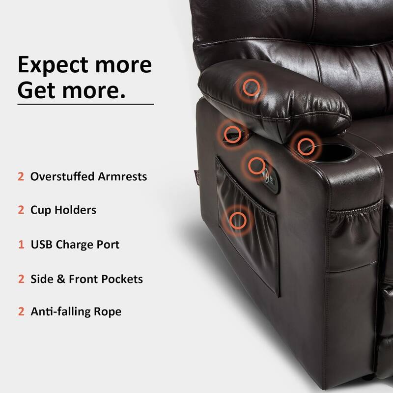 Large Power Faux Leather Recliner Chair with Heat and Massage, Cup Holder, USB Port