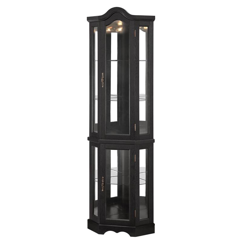 Lighted Corner Curio Cabinet, Freestanding Glass Display Cabinet, Wooden China Cabinet with Tempered Glass Doors & Shelves