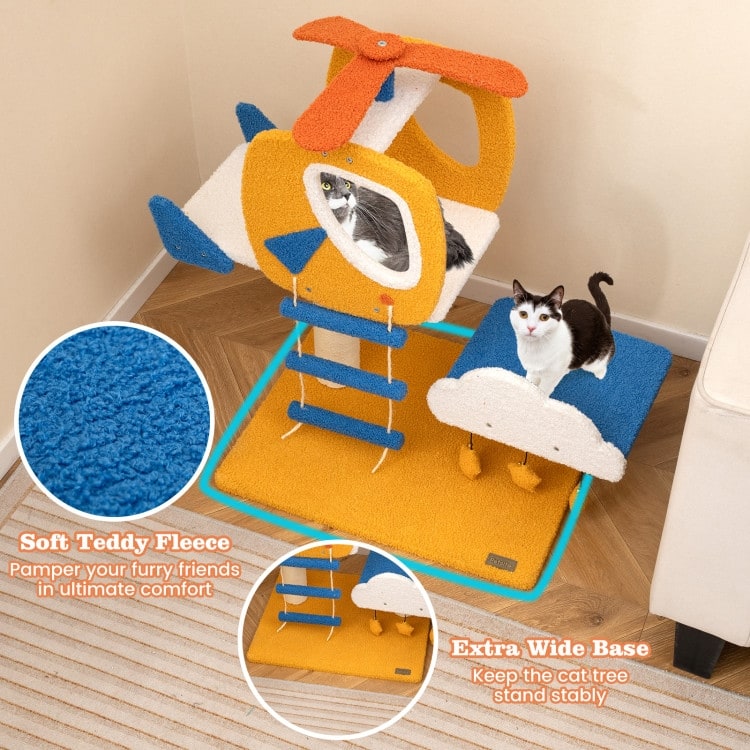 Indoor Small Aviation-themed Cat Tree Cat Tower with Helicopter Top Perch-Yellow