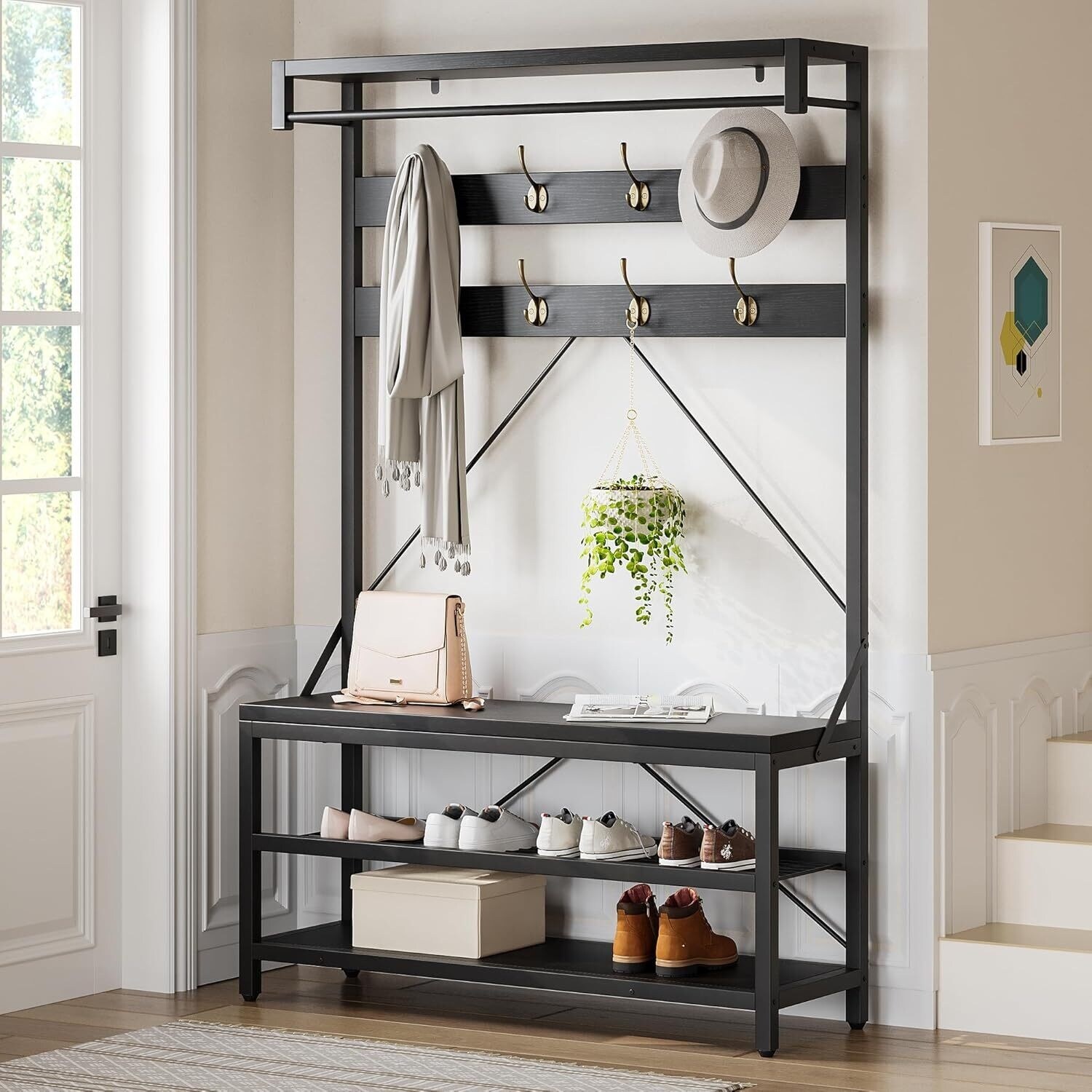 Coat Rack Shoe Bench Industrial Hall Tree Storage Bench for Entryway, Wood Look Accent Large Shoe Rack