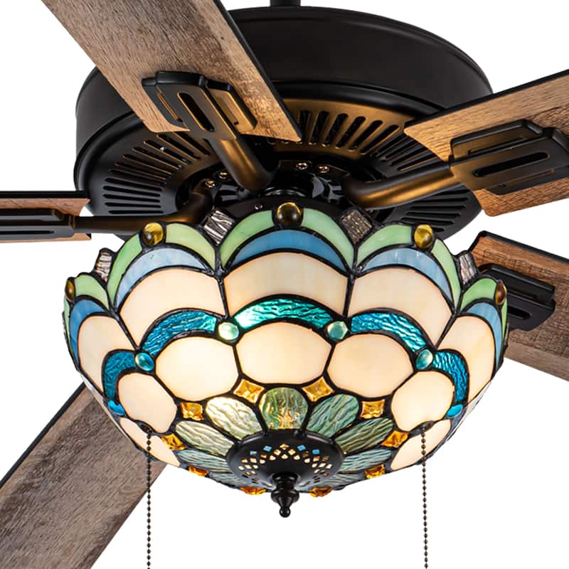 Yves River of Goods Multicolored Oil-Rubbed Bronze and Stained Glass 3-Light 52-Inch Ceiling Fan - 52" x 52" x 14.75"/19.75"
