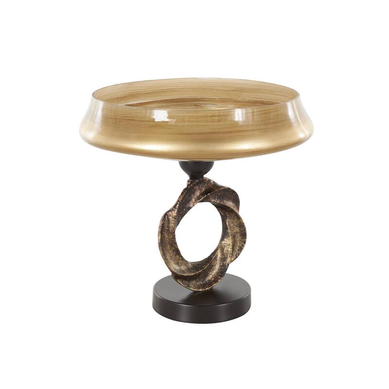 Brown Glass Wide Brushed Decorative Bowl with Textured Bronze and Black Ring Base