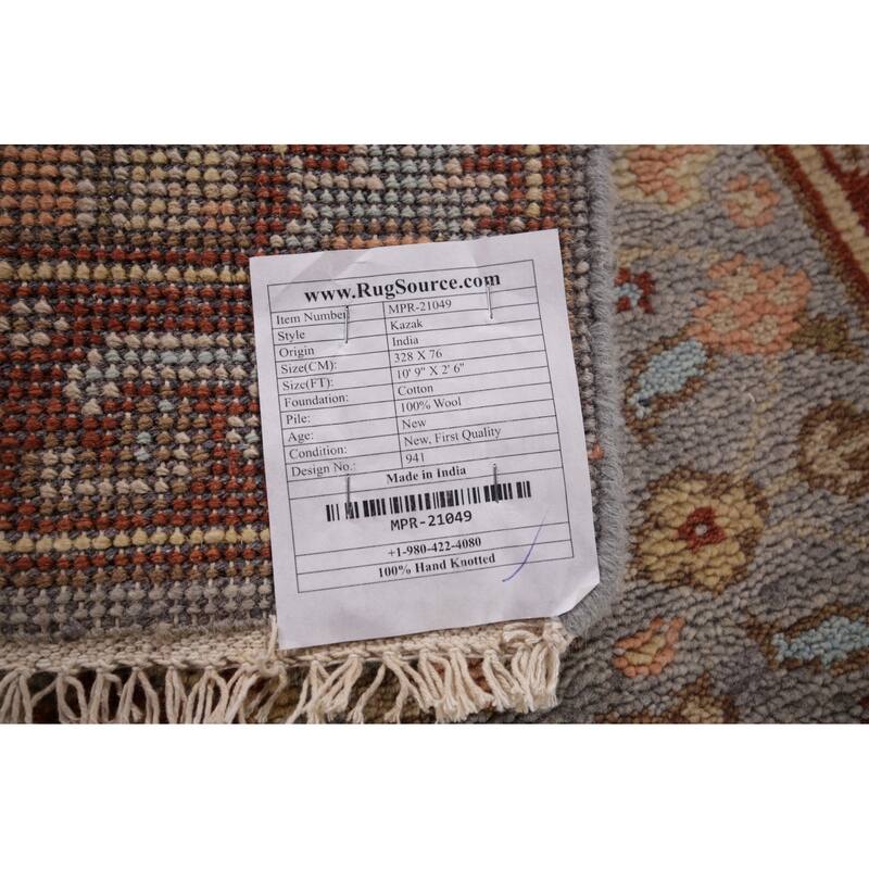 Geometric Kazak Oriental Runner Rug Hand-Knotted Wool Carpet - 2'6"x 10'9"