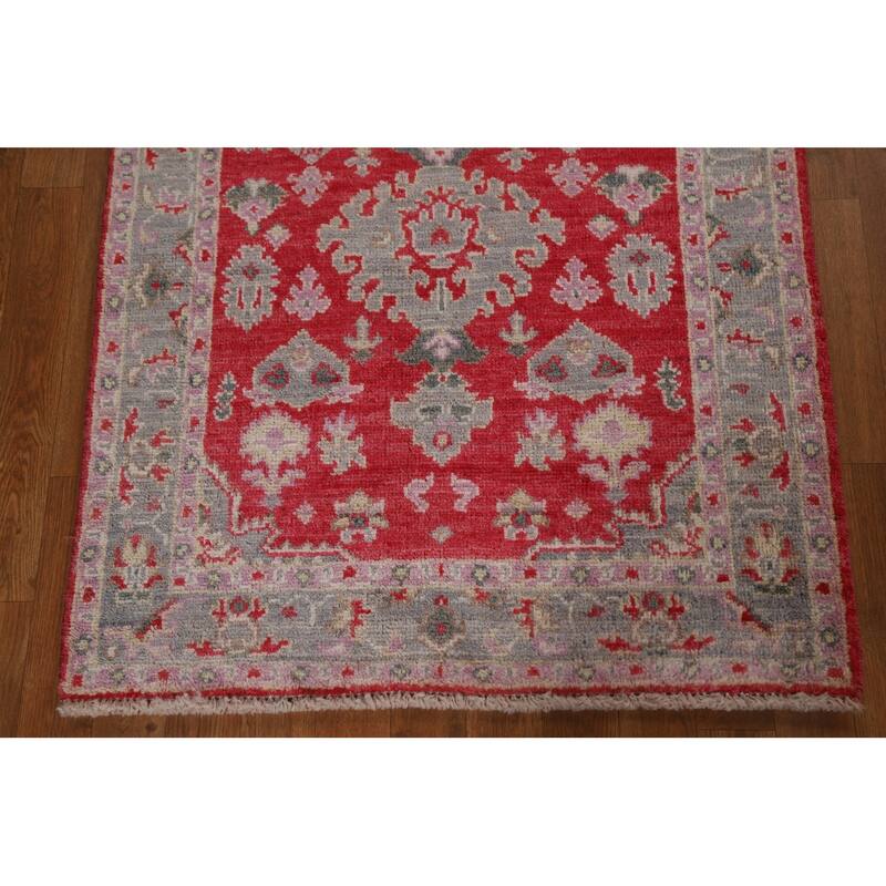 Red Geometric Oushak Turkish Oriental Rug Hand-knotted Wool Carpet - 3'0" x 3'9"