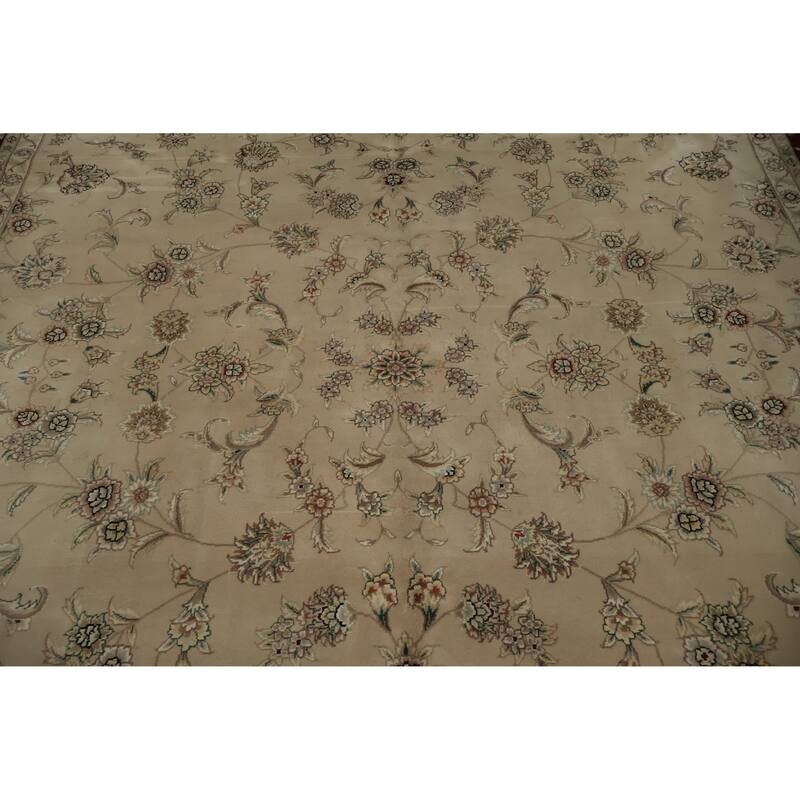 Hand Knotted Oriental 100% Wool Carpet Traditional Floral Beige & Ivories Tabriz Area Rug - 12' 2'' X 9' 2''