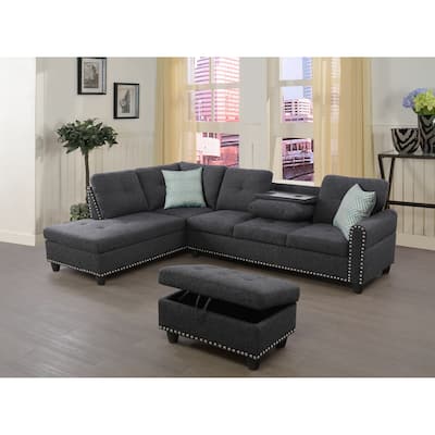 98" Wide Left Hand Facing Sofa & Chaise with Ottoman in Charcoal Grey Linen