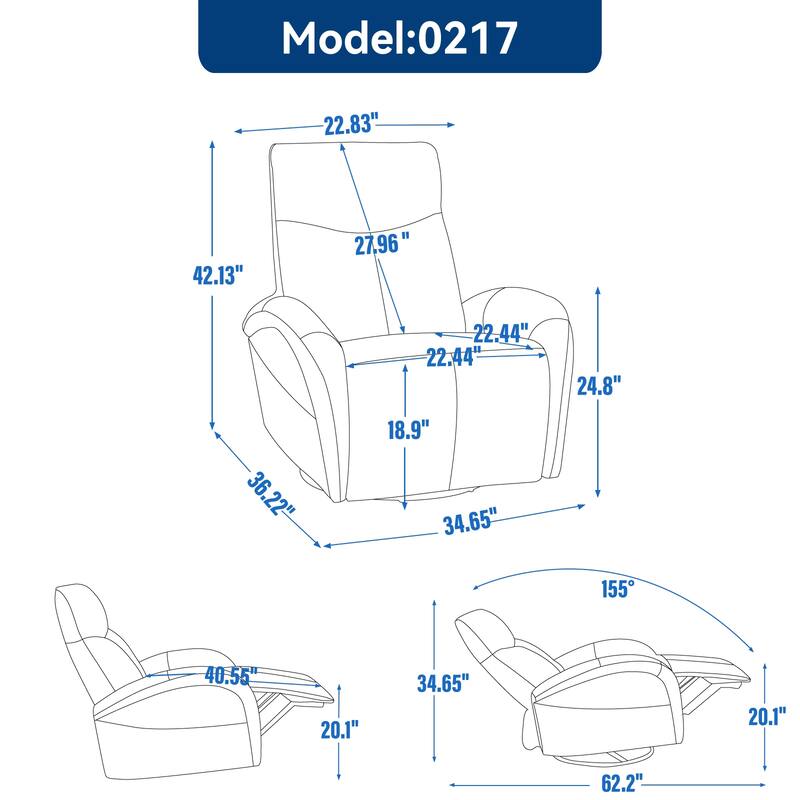 Genuine Leather Power Recliner Chair, 270° Swivel Rocker, USB, Type-C