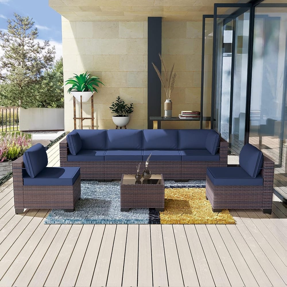 Kullavik 7 Pieces Outdoor Sectional Sofa Set Brown Wicker Patio Conversation Set with Seat Cushions and Tempered Glass Table