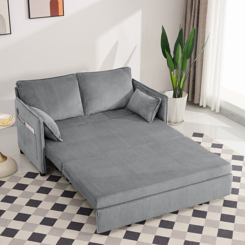 Roomfitters 55" Modern Corduroy Sofa Bed with Pull-out Sleeper Design, Modular Daybed with Storage Pocket & Pillows