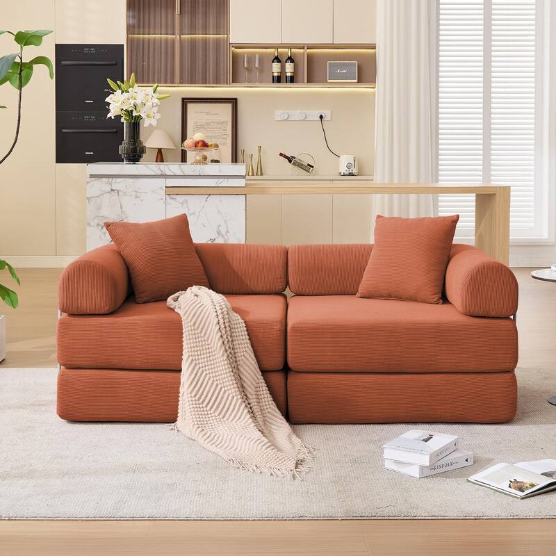 Modular Couch Sofa Bed, Convertible Design with Removable Armrests,Folding Mattress Couch for Small Spaces ,No Assembly - Orange