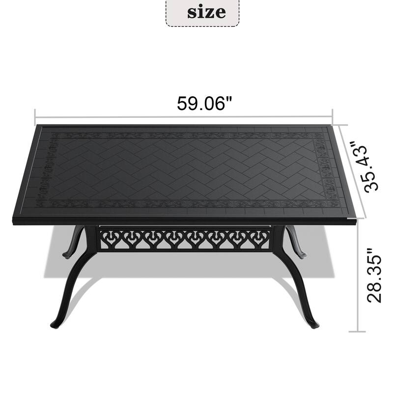L59.05*W35.43-inch Cast Aluminum Patio Dining table With Black Frame and Carved Texture on the tabletop