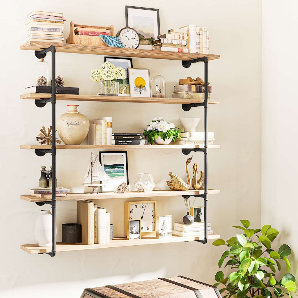 Wallniture 60 inch Industrial Floating Shelves for Wall, Wooden Book Shelves, Wall Mounted Pipe Shelf, 5-Tier