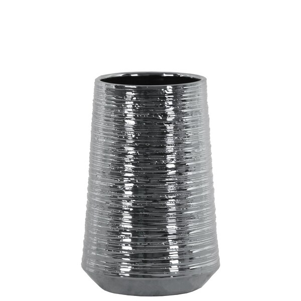 Round Ceramic Vase With Combed Design, Medium, Silver