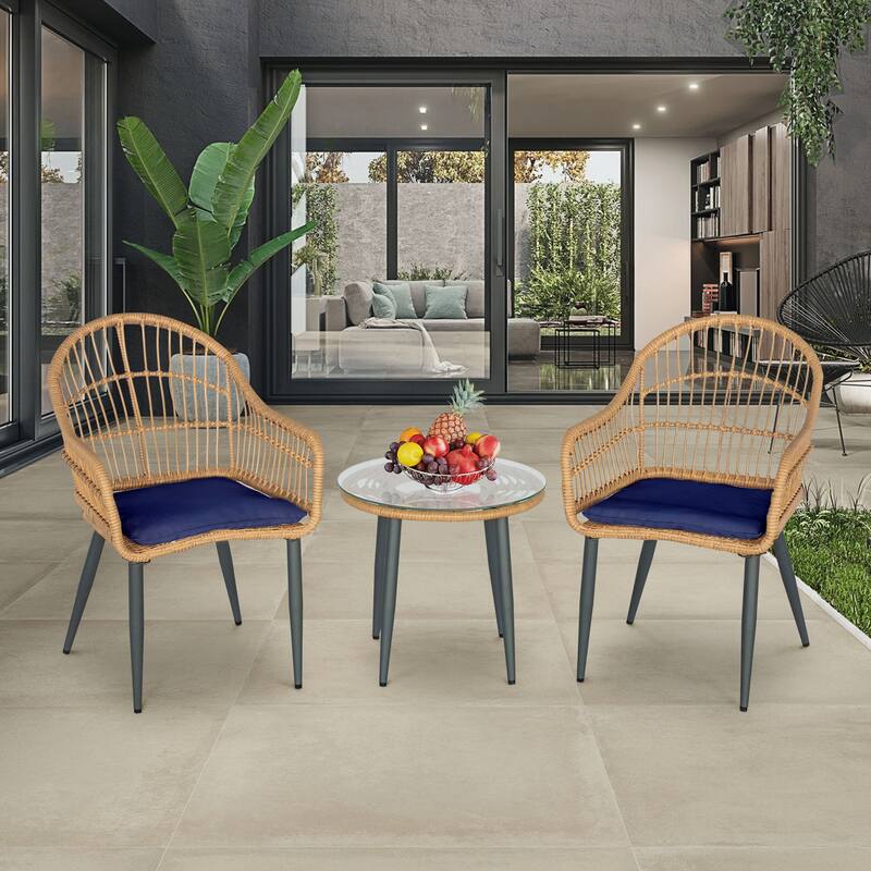 3 Pieces Bistro Set Outdoor Conversation Sets with Glass Top Table and Cushions for Porch,Backyard, Balcony,Poolside