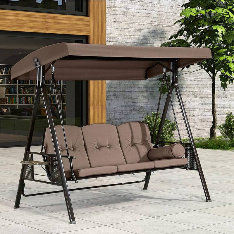 PURPLE LEAF Deluxe Outdoor Patio Porch Swing with Weather Resistant Steel Frame, Cushions and Pillow Included - 3 Seat - Beige