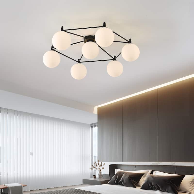 7 - Light Modern Sputnik Flush Mount Light, Black Metal, White Frosted Glass Globes