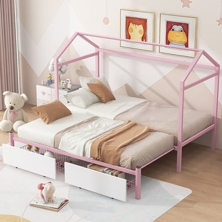 Metal House-Shaped Platform Bed with 2 Drawers, Convertible Twin XL to King Size Bed Frame for Bedroom, Apartment