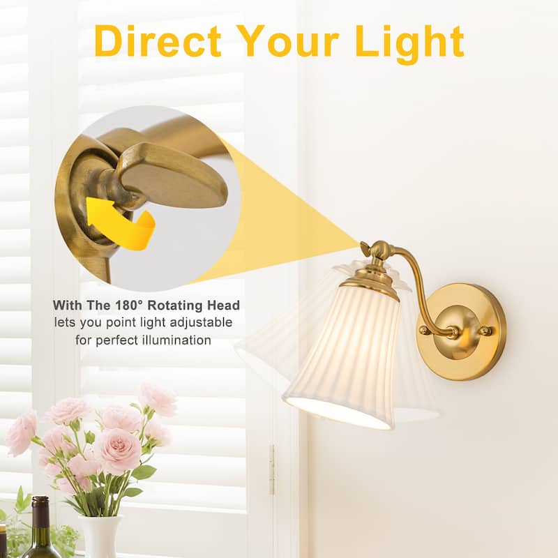 Modern Gold Wall Sconce with Fluted Ceramic Bell Shade Bathroom