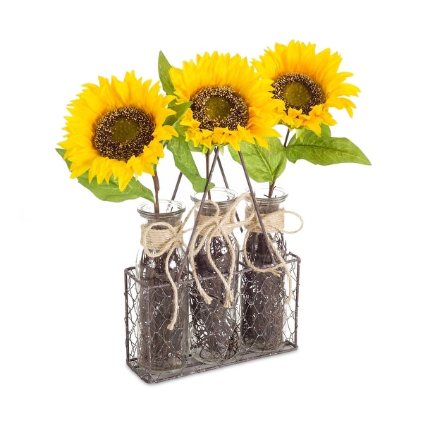 Set of 2 Yellow and Green Sunflower Bottle in Holders 14.5” - N/A