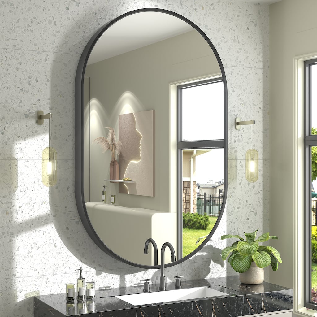 KIOTEE Oval Black Aluminum Alloy Framed French Cleat Mounted Wall Decor Bathroom Vanity Mirror with 5-Year Warranty