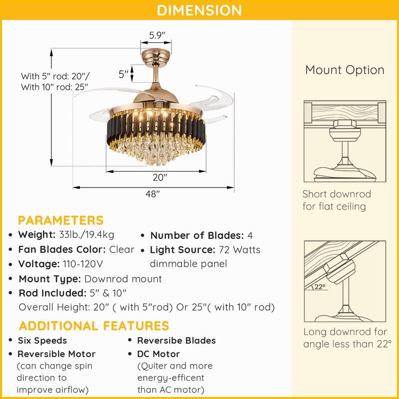 Modern Gold Black Retractable Crystal Ceiling Fan With Lights, Dimmable LED Luxury Chandelier Ceiling Fan With Remote Control
