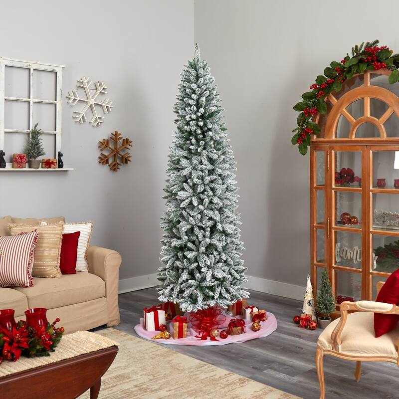 8ft Slim Artificial Christmas Tree with Lights - Winter Fir Tree, Prelit Warm White LED Lights - Green - 96
