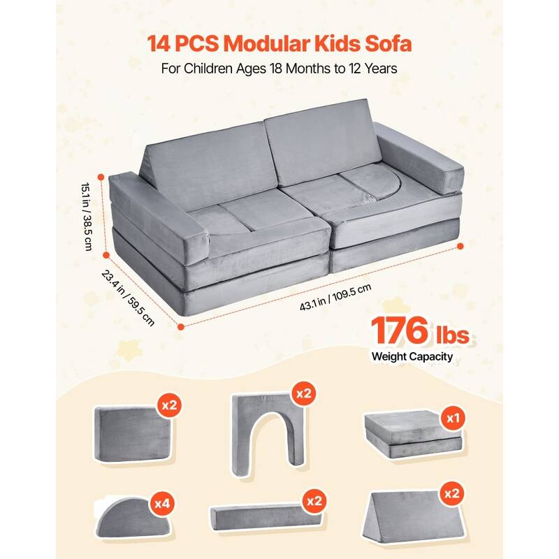 Grey 14-Piece Modular Kids Play Sectional Sofa Set with Foam Cushions for 4 Children Creative Play - 55.3 x 27.5 x 20.8 in