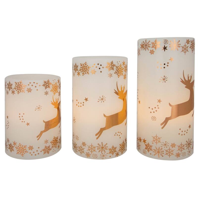 LED Reindeer Flameless Flickering Wax Pillar Christmas Candles - 6" - Set of 3