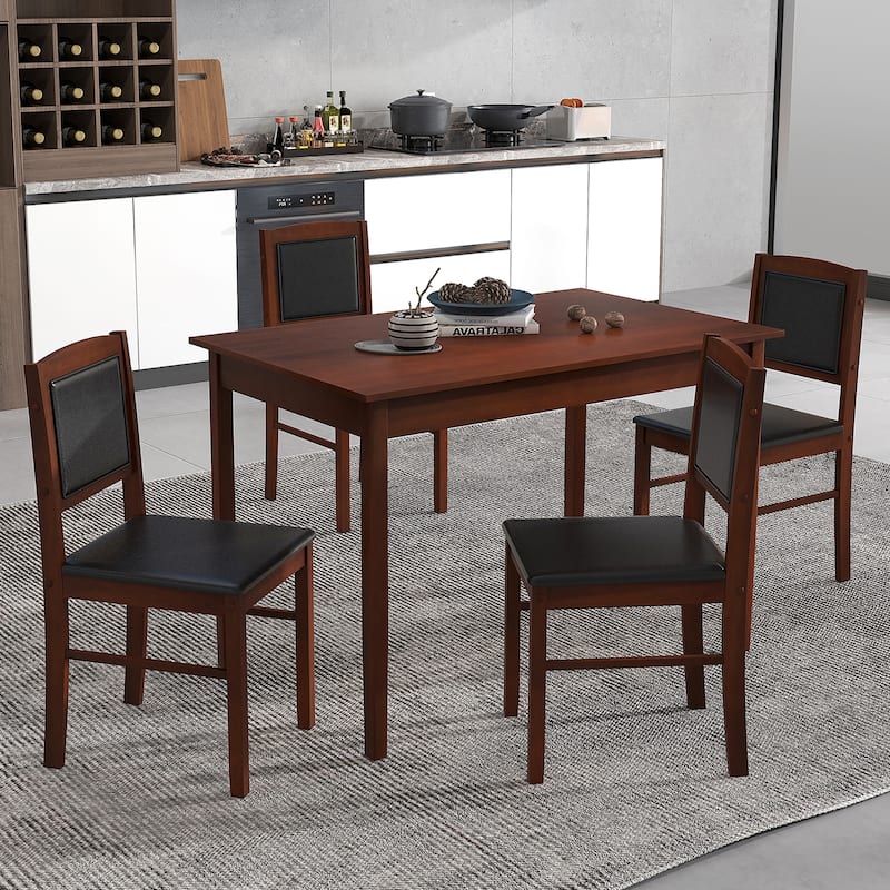 Gymax 5 PCS Dining Table Set for 4 w/Rubber Wood Legs Upholstered Seat