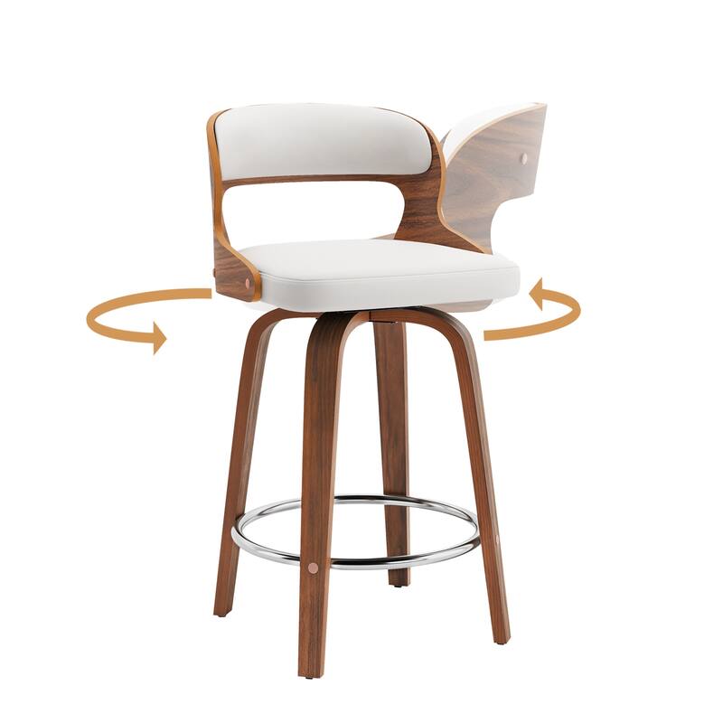 26.in Modern Set of 2 Leather Bar Stool Swivel Upholstered Hollow Back Counter Height Barstool with Wood Frame