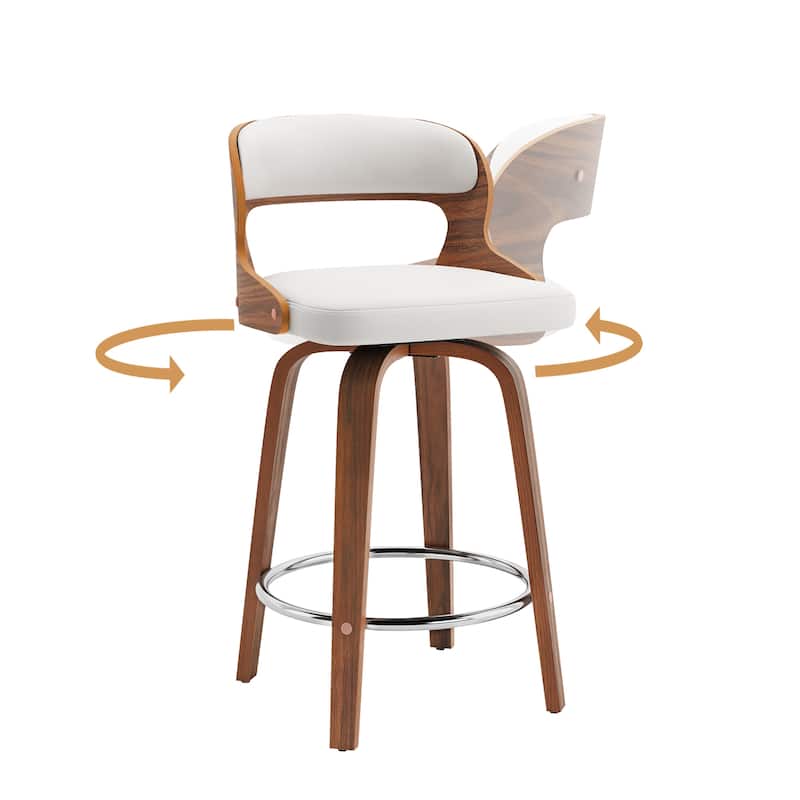 PU Leather 26in. Swivel Barstool Counter Height Low Back Solid Wood Stool for Kitchen Islands with Curved Backrest