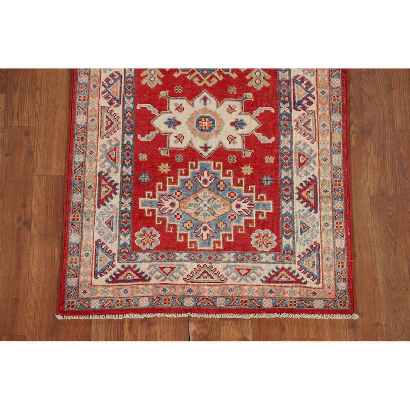 Geometric Red Kazak Oriental Runner Rug Hand-Knotted Wool Carpet - 2'7" x 9'4"