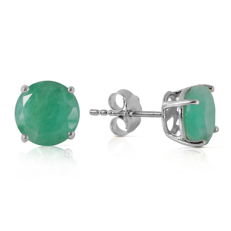 14K Solid Gold Stud Earrings Round Shaped Natural Emerald Gemstone - White