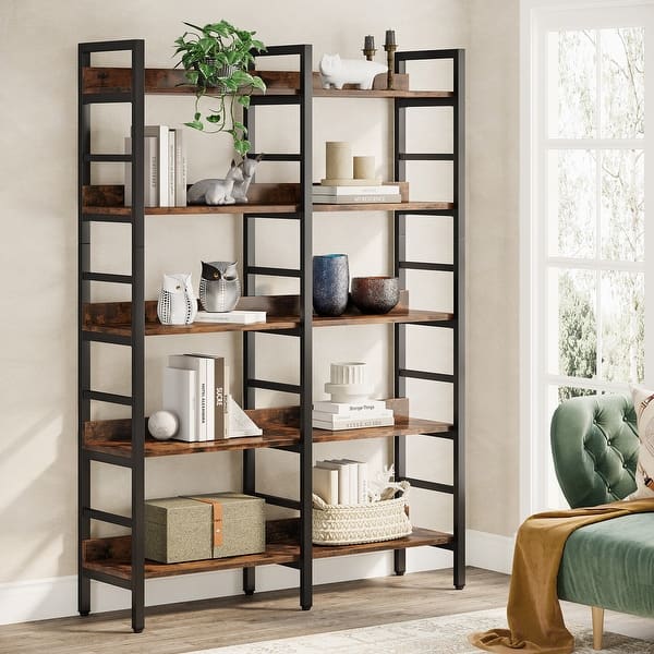 slide 2 of 10, Bookshelf 5-Tier, Open Etagere Bookcase, Double Wide Freestanding Bookshelves for Storage and Display, Rustic Brown