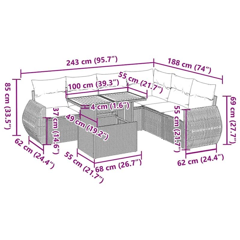 vidaXL Patio Sofa Set with Cushions Table and Corner Sofas 7 Piece Poly Rattan - 21.7 x 24.4 x 27.2