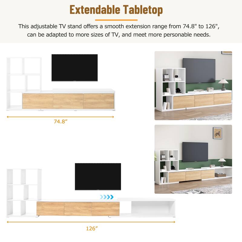 Modern Extended TV Stand with 3-Tier Bookshelves, Storage Cabinets and Sliding Tabletop, for Living Room, White