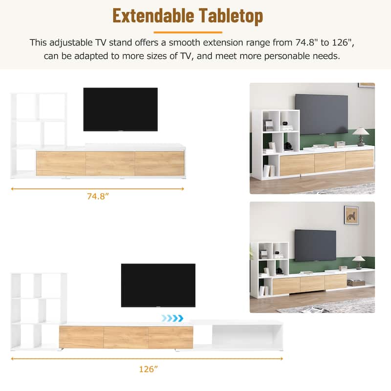 Roomfitters Extendable TV Stand 74.8"-126" with 3-Tier Bookshelves, Adjustable Entertainment Center with Storage Cabinets