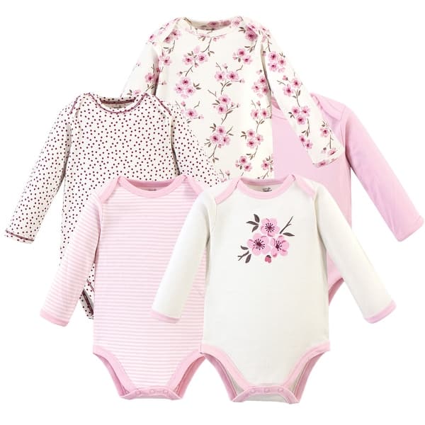 slide 1 of 1, Touched by Nature Baby Girl Organic Cotton Long-Sleeve Bodysuits 5pk, Cherry Blossom 0-3 Months - Cherry Blossom
