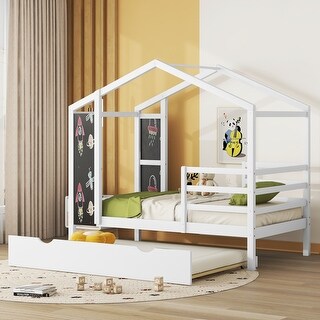 White Twin Size Solid Wood House Bed with Trundle, Fence and Writing Board for Kids, Boys and Girls, Bedroom
